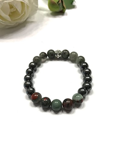 Natural Bloodstone and Hematite Unisex Stretch Bracelet. Root Chakra and Heart Chakra Balance. Mental Clarity and Calm.
