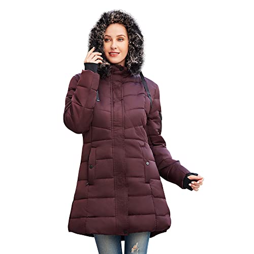 Rijing Women's Winter Thicken Puffer Coat Warm Padded Windproof Packable Mid Length Parka Jacket With Fur Hood #TOP30