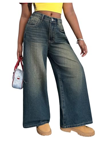 Floerns Girl's Vintage Wide Leg Jeans Elastic Waist Streetwear Y2k Baggy Denim Pants
