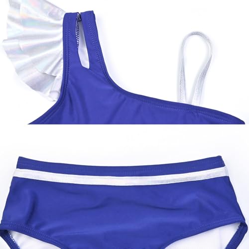 Girls Swimsuit Bikini Set Two Piece Bathing Suit Metallic Ruffled One Shoulder Swimwear with Hairband 4-13Y3