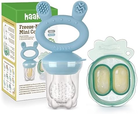 Baby Fruit Food Feeder & Mini Freezer Nibble Tray Combo, Breastmilk Popsicle Molds for Baby Cooling Relief, BPA Free Silicone Feeder for Safe Infant Self Feeding, 4 Month+ (Sky Blue)