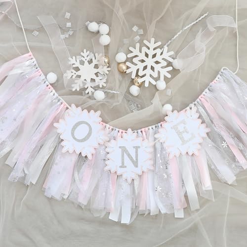 HODIHIWI Winter Onederland 1st Birthday Girl Handmade Pink Snowflakes High Chair Banner for Girls Birthday Party Decoration
