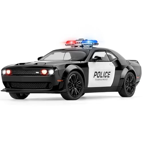 Image of 1 /24 Dodge Challenger Hellcat Model Car, Zinc Alloy Pull Back Toy car with Sound and Light for Kids Boy Girl Gift (Police Black)