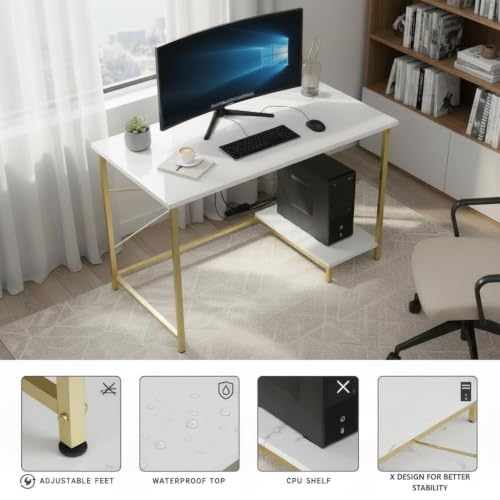 Image of RIZIK Store Folding Study Table | 36 inchx24 inch Computer Desk with Laminated Top & Metal Frame | Home Office, Bedroom, Study & Kids Room Warranty Protected (Plaint White & Gold)