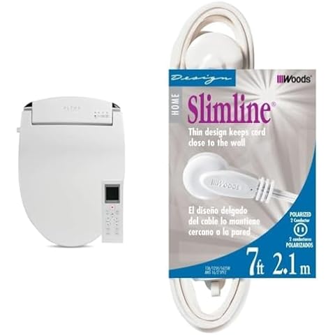 ALPHA BIDET JX2 Elongated Toilet Seat Bundle with SlimLine 2236 7-Foot Extension Cord, White Cover