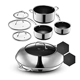 HexClad 10-Piece Hybrid Nonstick Cookware Set, 14-Inch Frying Pan & 6 Piece Pot Set, 2, 3, and 8 Quart Pots with Glass Lids