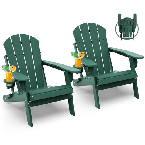 GREENVINES Folding-Adirondack-Chairs-Set-of-2 | HDPE Plastic | Fire Pit Chair | All Weather | Cup Holder | Forest | for Deck Backyard Patio Outdoor Garden