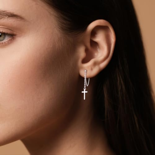 SLUYNZ Solid 925 Sterling Silver Cross Dangle Earrings for Women Teens Minimalist Dangle Earrings Chain3