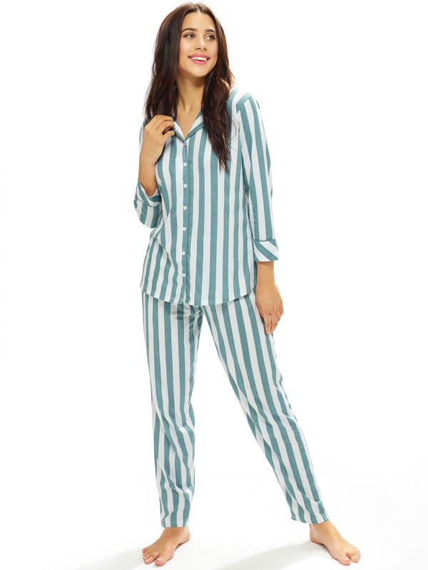 lotik Women's Cotton Strip Printed Front-Open Full Sleeve Sleepwear Set-picture-50
