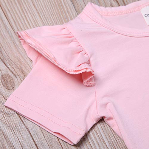 Conjunto de roupas para bebês meninas com babados rosa e manga curta + conjunto de roupas com tiras