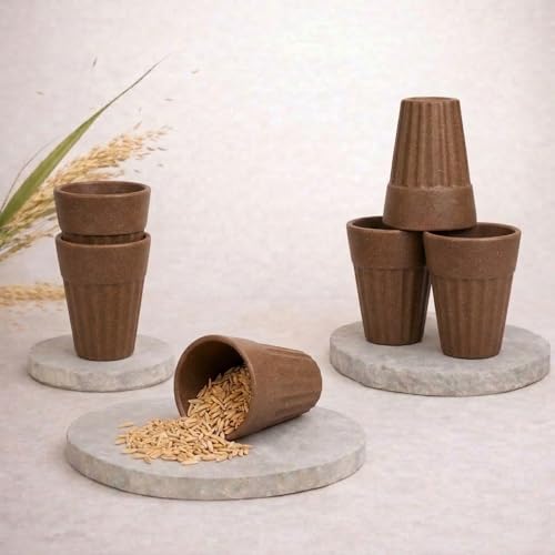 Image of Eco-Friendly Tea Cup Set of 6 | Kulhad Style Coffee & Tea Mugs | 140 ml Unbreakable, Stain-Free, Heat Resistant, Reusable, Microwave Safe | Rice Husk & Bamboo Fibre | Natural Husk
