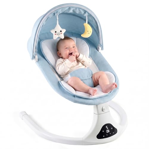 Smart Bluetooth Baby Swing with Remote Control - 5 Speed Gentle Sway | Portable Infant Swing with Machine-Washable Seat (0-12M, 6-20lbs)