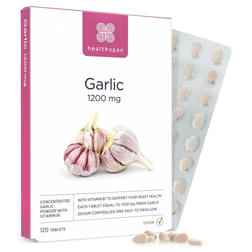 Healthspan Garlic 1,200mg (120 Tablets) | Supports Heart Health & The Respiratory System | Maintains Normal Cholesterol Levels | Added Vitamin B1 | Odour-Controlled & Easy to Swallow | Vegetarian