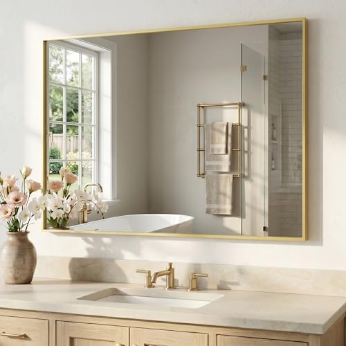 Pocetry 40x30 Satin Gold Framed Rectangle Bathroom Vanity Wall Mirror