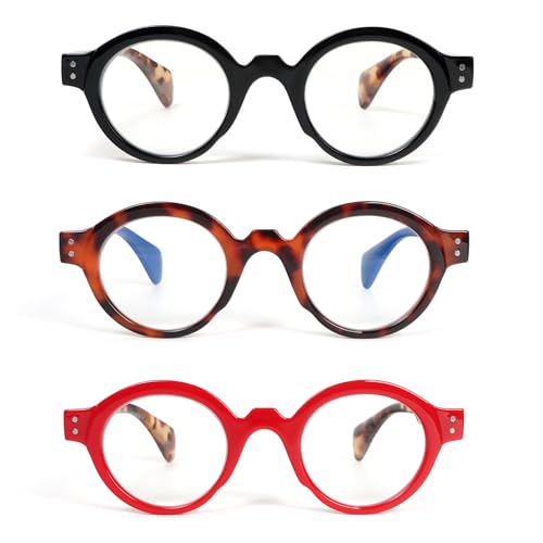 KoKoBin 3 confezioni di occhiali da lettura rotondi oversize per donne e uomini che bloccano la luce blu con cerniera a molla (3 Pack, 2, x)