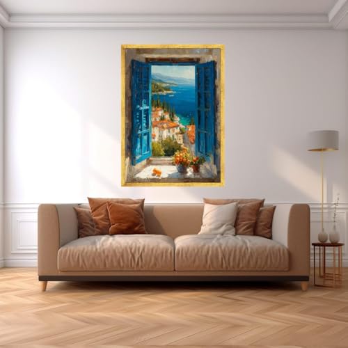 Tableau représentant une vue côtière volets bleus 50 x 75 cm - 2