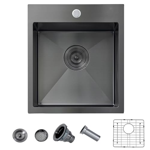 Image of 15 Gunmetal Black Bar Sink, Drop in 16 Gauge Stainless Steel 13x15x9 Wet Bar Prep RV Outdoor Small Kitchen Sink Top mount Single Bowl with Bottom Grid & Drain