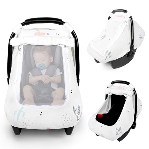 Image of Muslin Baby Car Seat Cover for Boys Girls, Infant Carseat Canopy with Breathable Mesh Peep Window, Summer Lightweight Sunshade Carrier Cover for Newborn, Cacti