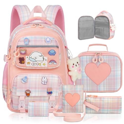 Cute Backpack for Girls, 5 Pack Kawaii Backpack Aesthetic Backpack with Lunch Box Set, Cute Pink School Bookbag for Kids Teen Elementary