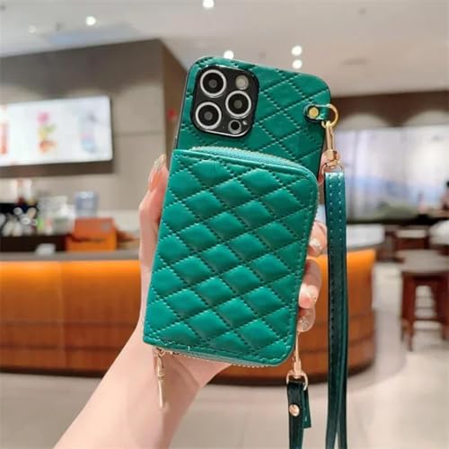 Housse cuir iPhone 15 Plus vert avec fermeture éclair et fentes pour cartes