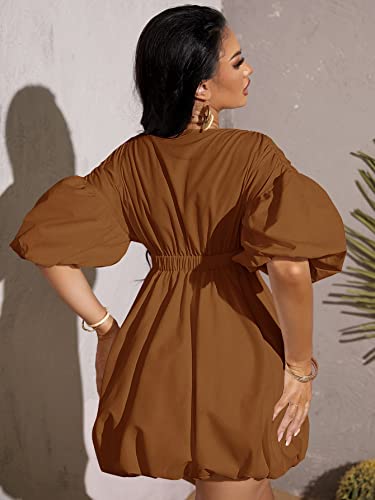 WDIRARA Women's Deep V Neck Puff Sleeve High Rise Flare Dress Elastic Waist Dress2