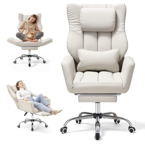 Warmiehomy Big and Tall Office Chair for Home Cross Legged Office Chair with Footrest Ergonomic Heavy Duty Office Chair with 155 Recline & Armrests Computer Desk Chair 72 * 50 * 120CM (White)