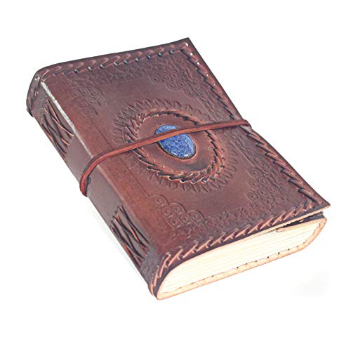 Leather Journal Notebook-Antique Handmade Leather Bound Journal for Men and Women- Travel Journal Leather Notebook-Leather Sketchbook- Vintage Journal with Stone-Unlined Paper 192 Pages, 5x7 Inches