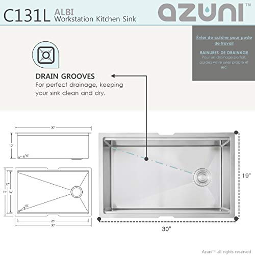 Azuni 30 Inch X 19 Inch Single Bowl Undermount 16G Reversible Kitchen Ledge Workstation Sink With Grid, Luxury Basket Strainer, Drying Rack And Bamboo Cutting Board, C131L #TOP5