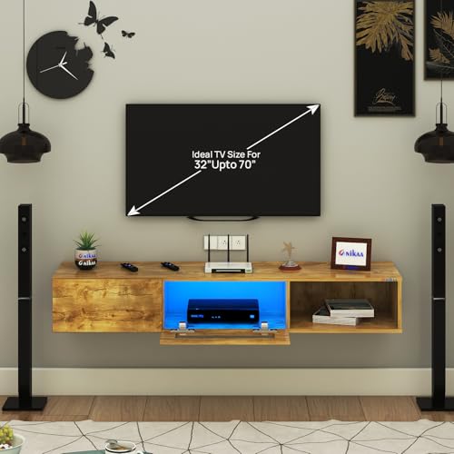Image of Anikaa Strix Wall Mount Modern Floating TV Unit for Living Room with 3 Storage Cabinet & Blue LED Light (Ideal for 32 to 55 inch TV, DIY Installation, Gaintwood Finish)