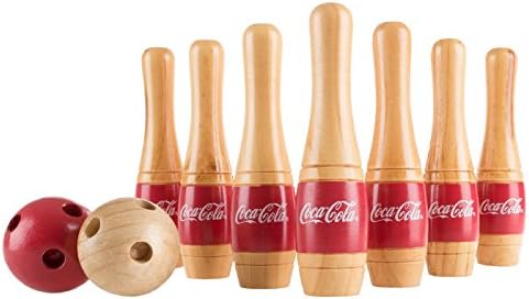 Officially Licensed Coca Cola Logo Wooden Lawn Bowling Set with Ten 8 Inch Pins and 2 Balls - Includes Bonus Carrying Bag!