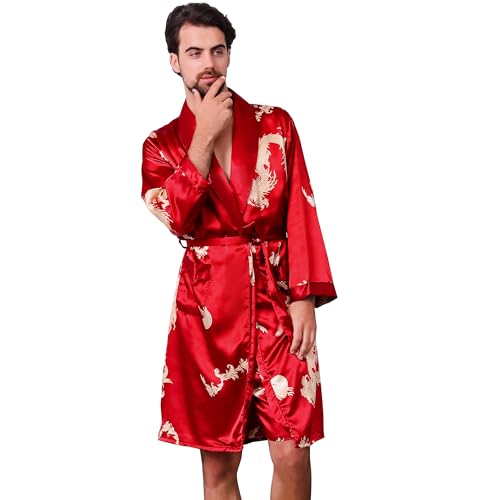 Haseil Men's Satin Robe Silk Kimono Robe Long Sleeve Bathrobe Dragon Lightweight Sleepwear, Rosered, XL