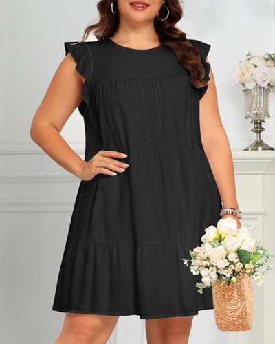 Image of Holipick Women's Plus Size Summer Dresses Casual Short Dress Babydoll Ruffle Sleeve Swing Flowy Sleeveless Tunic Dress