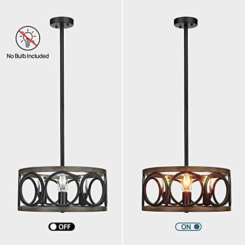 Woaekr 16'' Rustic Drum Chandelier, 3-Light Adjustable Height Farmhouse Flush Mount Light, Black Metal Hanging Light Fixture For Dining Room, Kitchen Island, Entryway, Breakfast Area #TOP3