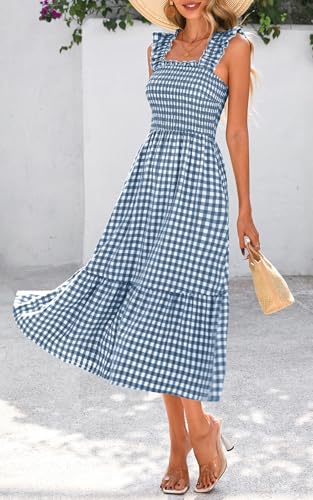 Image of PRETTYGARDEN Women's Summer Dress Casual Ruffle Strap Gingham Midi Sundress | Square Neck, Smocked Boho Dress, Flowy A Line, Homecoming, Party, Maxi Sun Dresses for Beach Vacation