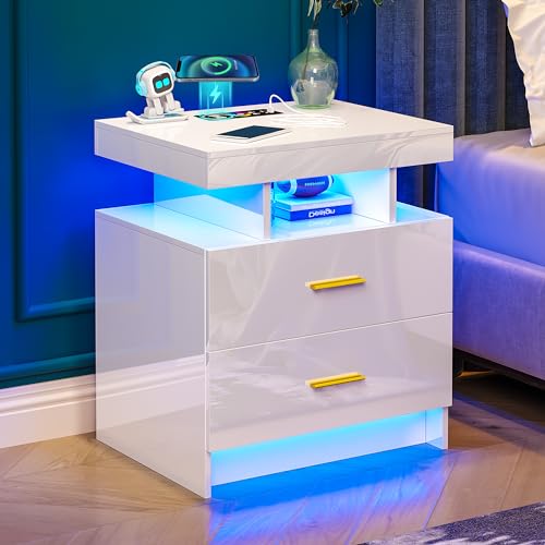 White LED Nightstand Modern Night Stand for Bedroom Bedside Table with 2 Wood Drawers End Side Table
