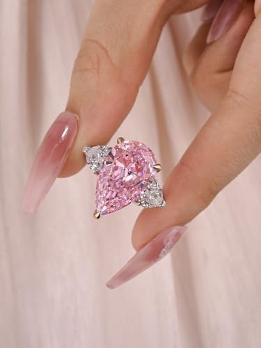 Luxury 8.0 CT Pink Stone Pear Cut Engagement Ring for Women, S925 Silver Three-Stone AAAAA Cubic Zirconia Promise Ring3
