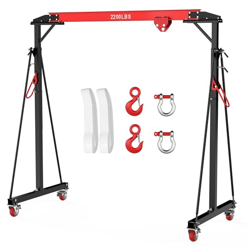Adjustable Gantry Crane with Manual Trolley, Hook and Sling Strap, 1 Ton 2200 LBS Capacity, Portable Gantry Crane Height Adjustable 97" to 141" with 12 Positions, for Factories, Warehouses