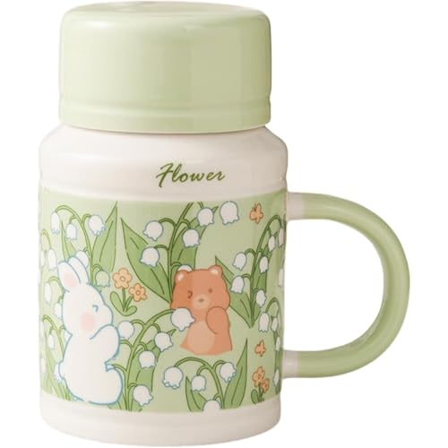AKILERマグカップコーヒーカップうさぎくまふた付きマグカップティーカップミルクカップハンドル付きセラミックモリンカップティーカップ水筒ティーカップ冷たいやかんかわいいお守り子供用家庭用ゲスト用ビジネス用インテリア洋食器陶器磁器ギフト (グリーン)