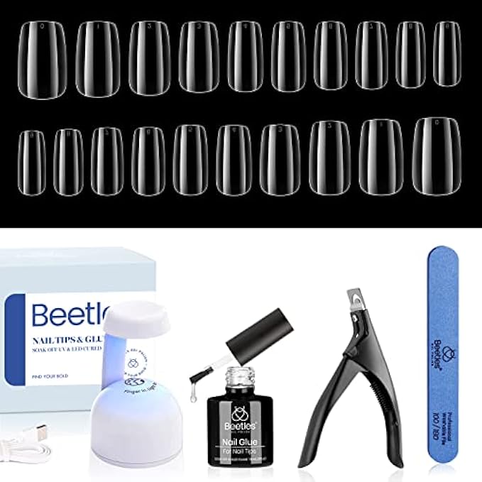 Beetles Easy Gel Tips Nail Extension Kit Short Square Pre-shaped False Nail Tips with 2 In 1 Nail Glue Gel Base Coat Fake Nails and Led Nail Lamp Acrylic Nail Clipper Easy Diy Fast Manicure Set