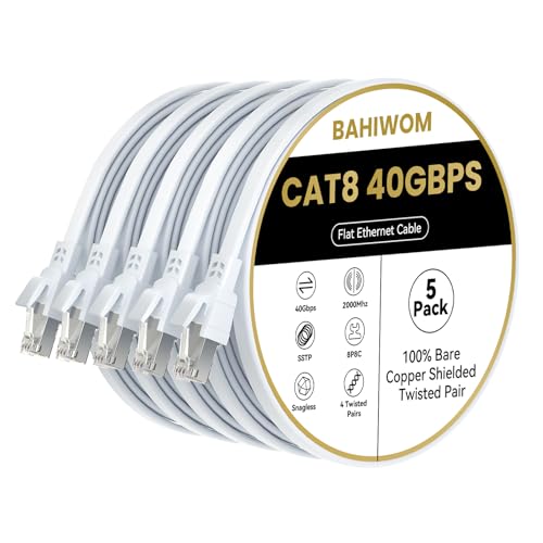 BAHIWOM Cat8 Ethernet Cable 0.5m (5 Pack), 40 Gbit/s 2000 MHz Lan Network Cable Gigabit Patch Cable, Flat Internet Cable Compatible with Router, with Modem, with PC, with Laptop - White