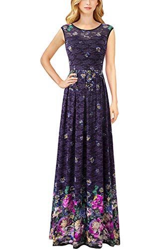Vfshow Womens Purple Lace Multi Floral Print Illusion Sweetheart Neck Pleated Formal Evening Wedding Party Maxi Long A-Line Dress 5692 PUP XL