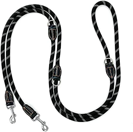 Bokelai Dog Leash Large Dogs Hands Free Dog Leash Training Lead(14mm*10ft) Adjustable Double Ended Leash Multifunctional with Reflective Heavy Duty Nylon Rope Leash for Walking Running Black