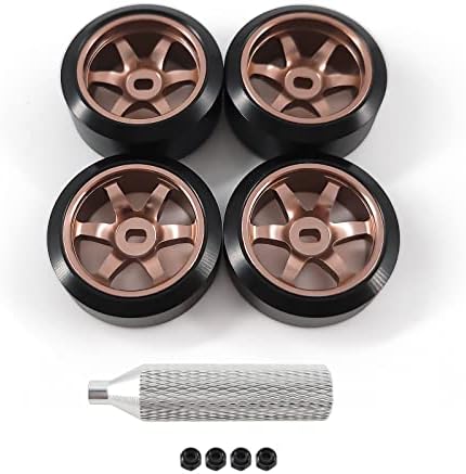 Abendor 6 Spoke Wheel Rims & Rc Car Drift Tires for 1/28 RC Hobby Model Car, [2*N+2*W] 4 Pcs 20mm Aluminum Alloy Rims for Wltoys K969 K989 P929 AWD XRX AMZ WL DRZ GLA BZ (Bronzed Drift)