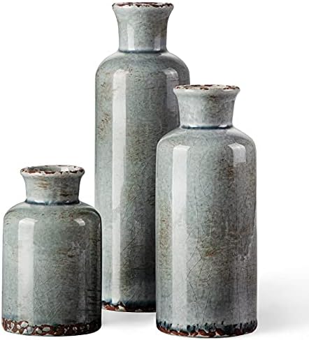 CwlwGO- Ceramic Rustic Vintage vase, Boho Vases for Room Décor, 3 Piece Set of Glazed Decorative vase Table Décor,Cottagecore Décor. (Grey Blue)