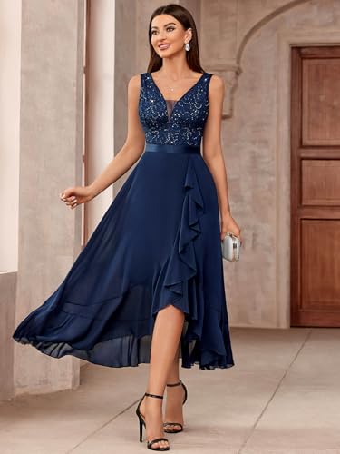 Image of Miusol Women's Vintage V-Neck Sleeveless Sequined Floral Lace Ruffle Split Evening Party Dress (X-Large, A-Navy Blue)
