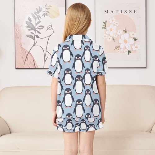 Penguin Pattern Summer Satin Pajama Set, Cute Button-Down Sleepwear Pj Set for Sleep Wears4