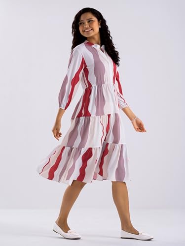Image of AASK Women Diamond Creap Striped Printed Mandarin Collar Fit & Flare Dresss