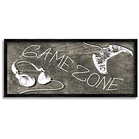 Stupell Industries Zone Phrase Music Headset Video Game Controller, Designed by Daphne Polselli Black Framed Wall Art, 24 x 10, White Cover