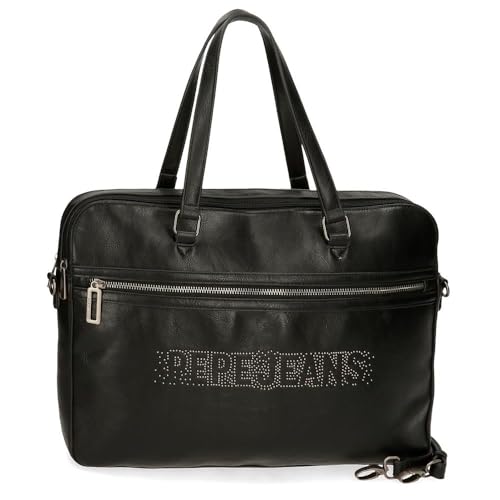 Ordinateur portable noir bien protégé dans sa mallette Pepe Jeans Bera en cuir