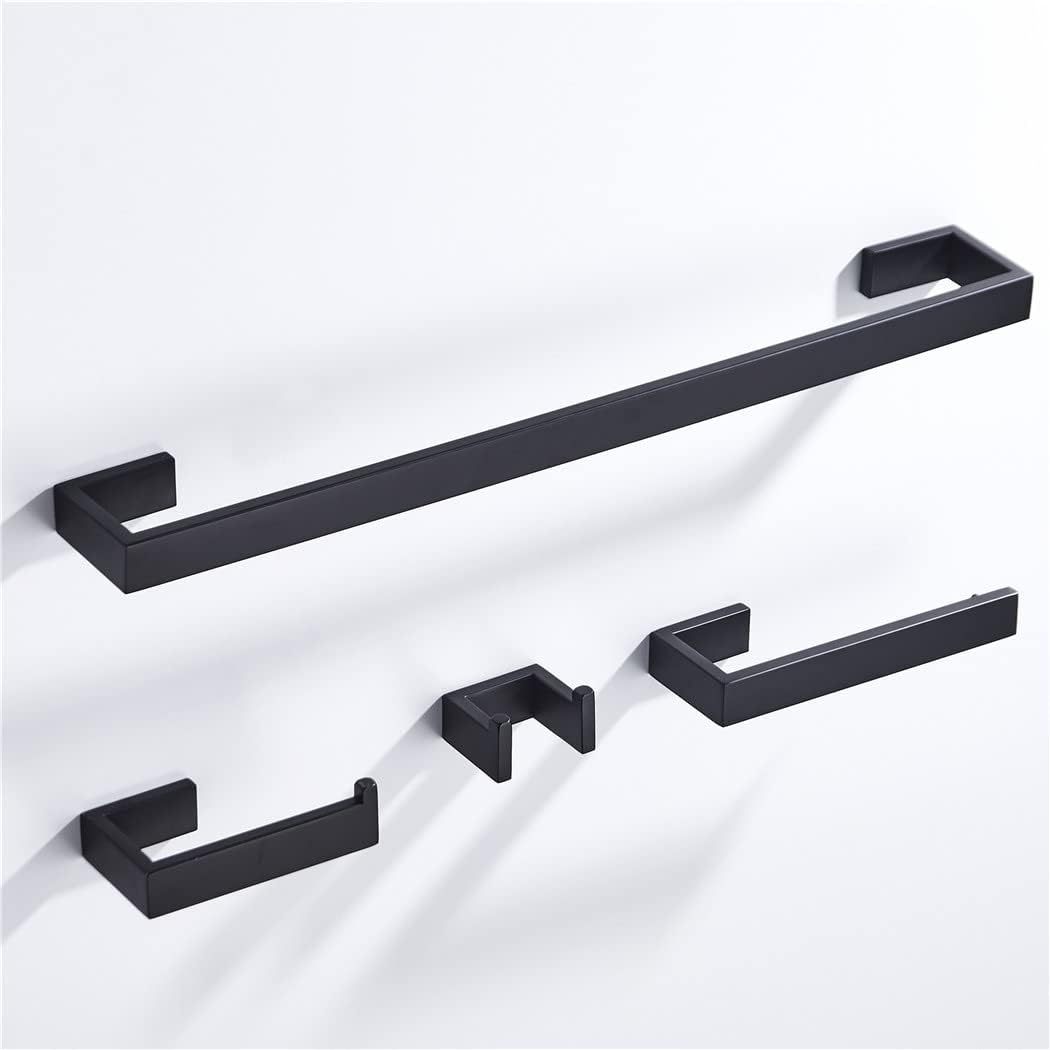Matte Black 4-Piece Set Bathroom Accessories Wall Mount Toilet Paper Holder Towel Bar Ring Robe Hook Towel Rack